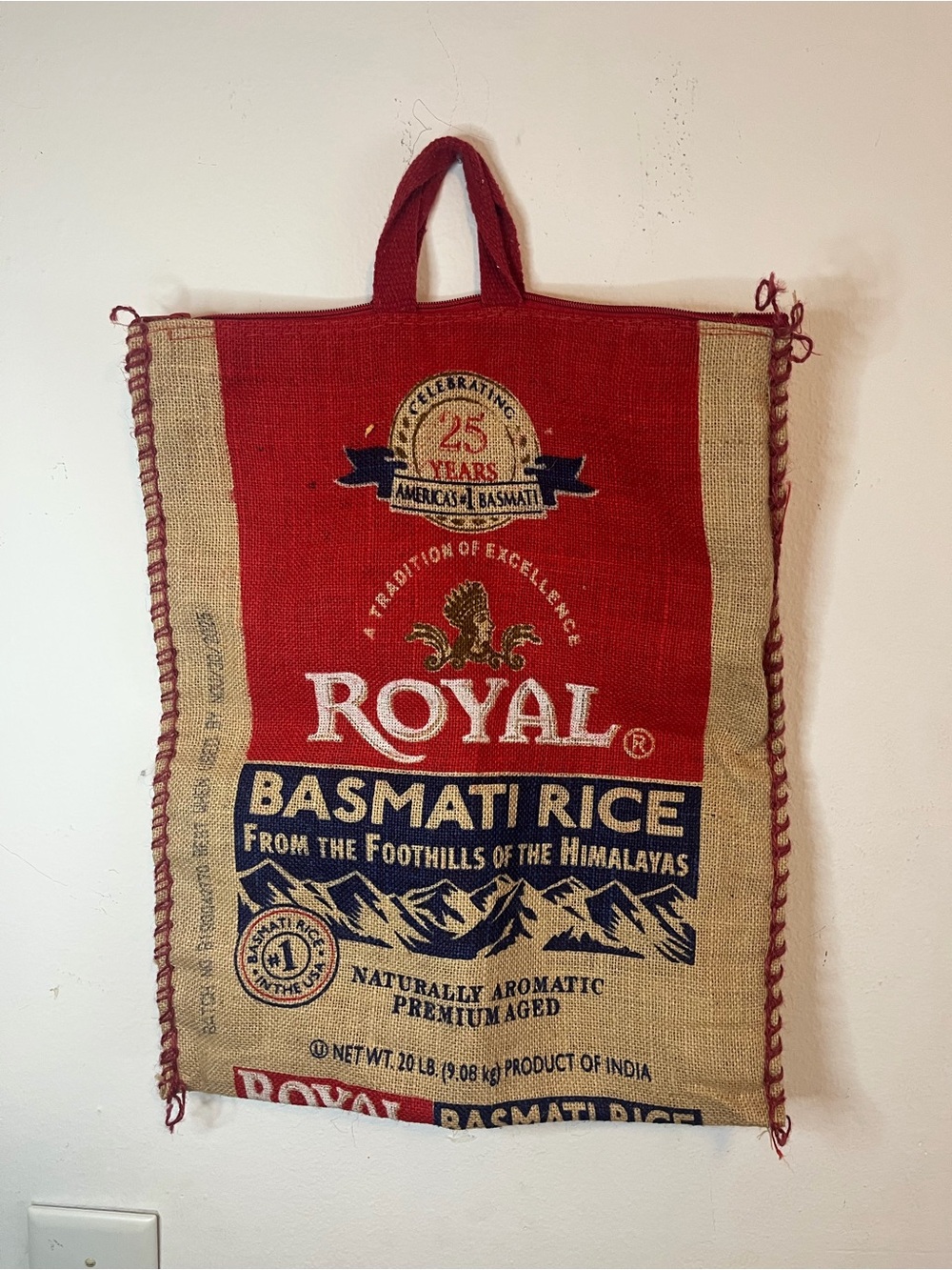 Royal Basmati Rice Burlap Tote Bag - Red & Natural